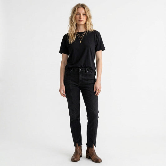 Lynn's Closet Boutique A&F Curve Love black high-rise skinny jeans with front seam detail and raw-edge hem on model