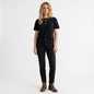 Lynn's Closet Boutique A&F Curve Love black high-rise skinny jeans with front seam detail and raw-edge hem on model