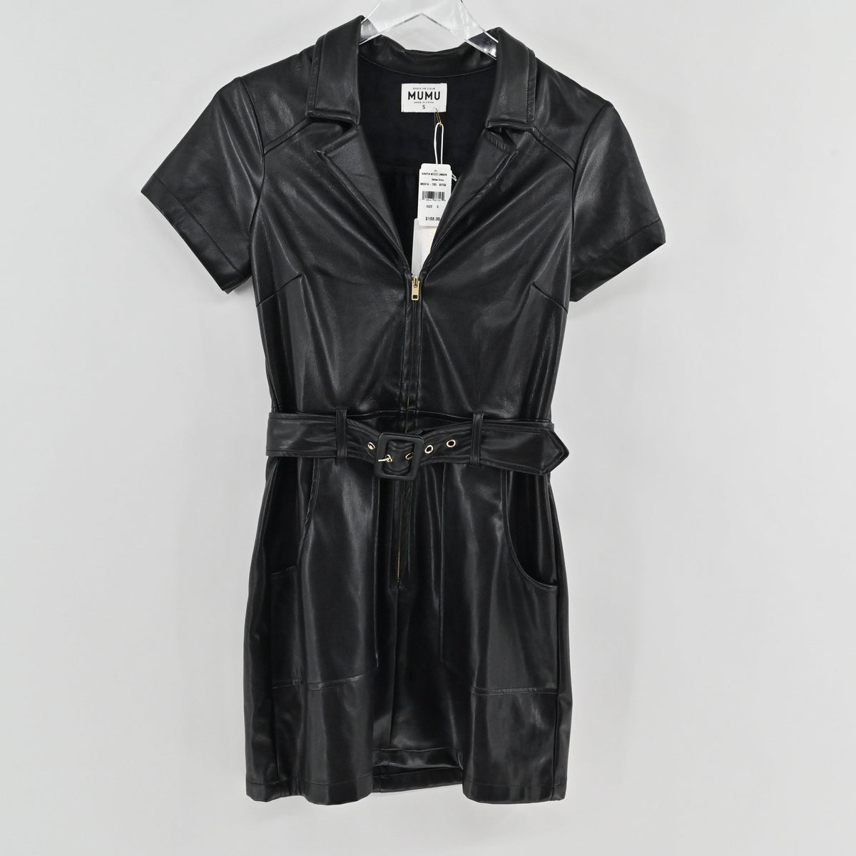 Lynn's Closet Boutique Show Me Your Mumu black faux leather mini dress with collar, front zipper, and waist belt.