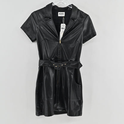 Lynn's Closet Boutique Show Me Your Mumu black faux leather mini dress with collar, front zipper, and waist belt.