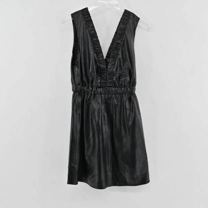 Lynn's Closet Boutique black faux leather mini dress with a deep V-neckline, ruffle trim, and elasticized waist.