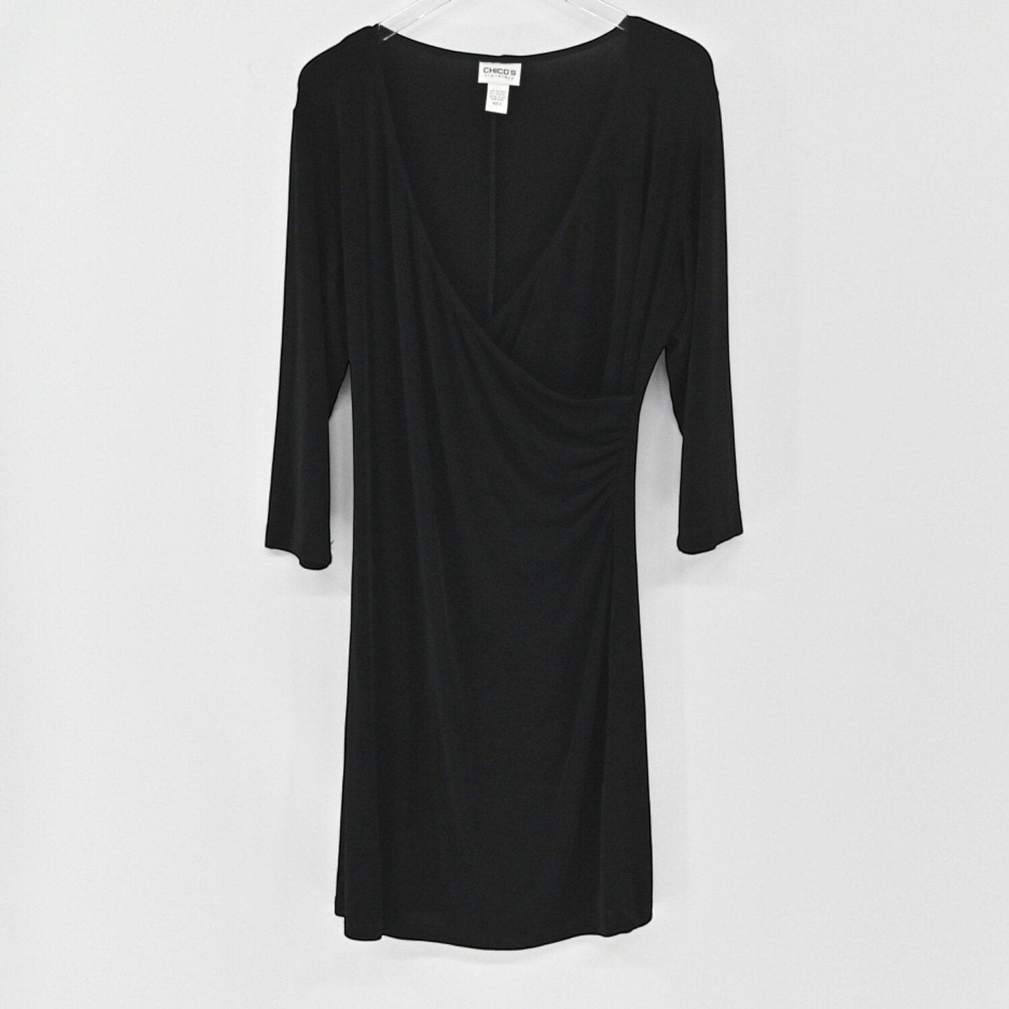 Lynn's Closet Boutique black Chicos Travelers faux wrap dress with three-quarter sleeves and side ruching