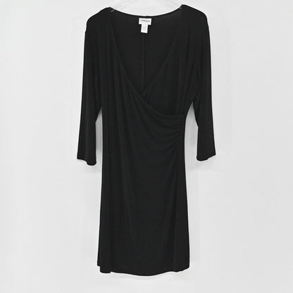 Lynn's Closet Boutique black Chicos Travelers faux wrap dress with three-quarter sleeves and side ruching