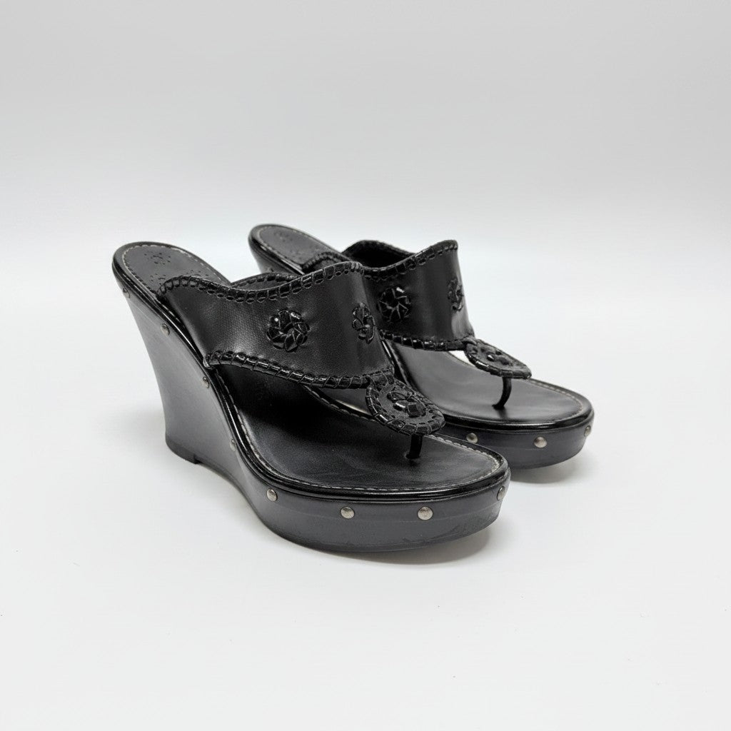 Lynn's Closet Boutique black leather Jack Rogers wedge sandals with signature whipstitch detail and stud accents.