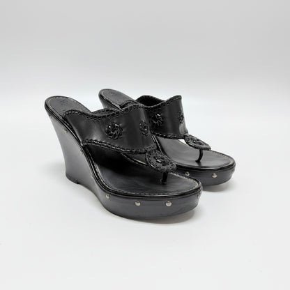 Lynn's Closet Boutique black leather Jack Rogers wedge sandals with signature whipstitch detail and stud accents.