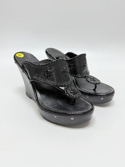 Lynn's Closet Boutique black leather Jack Rogers wedge sandals with signature whipstitch and floral accents, size 8.