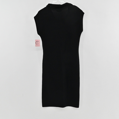 Lynn's Closet Boutique black sleeveless midi dress with a cowl neckline in a structured knit fabric, back view.