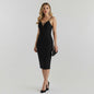 Lynn's Closet Boutique black midi dress with lace-up neckline, spaghetti straps, and form-fitting silhouette.