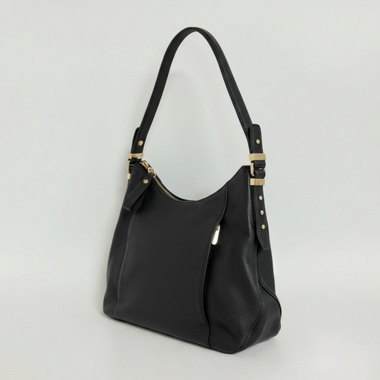 Lynn's Closet Boutique black pebbled leather Michael Kors shoulder bag with gold-tone hardware and zip closure.