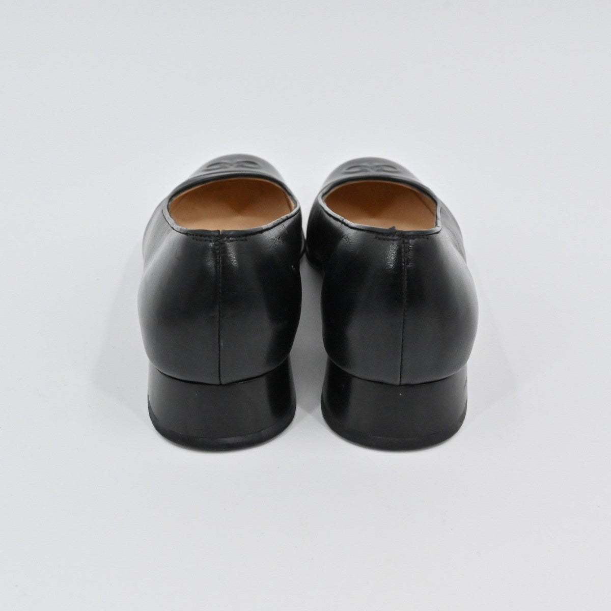 Lynn's Closet Boutique Salvatore Ferragamo black leather low block heel pumps, back view showing heel detail