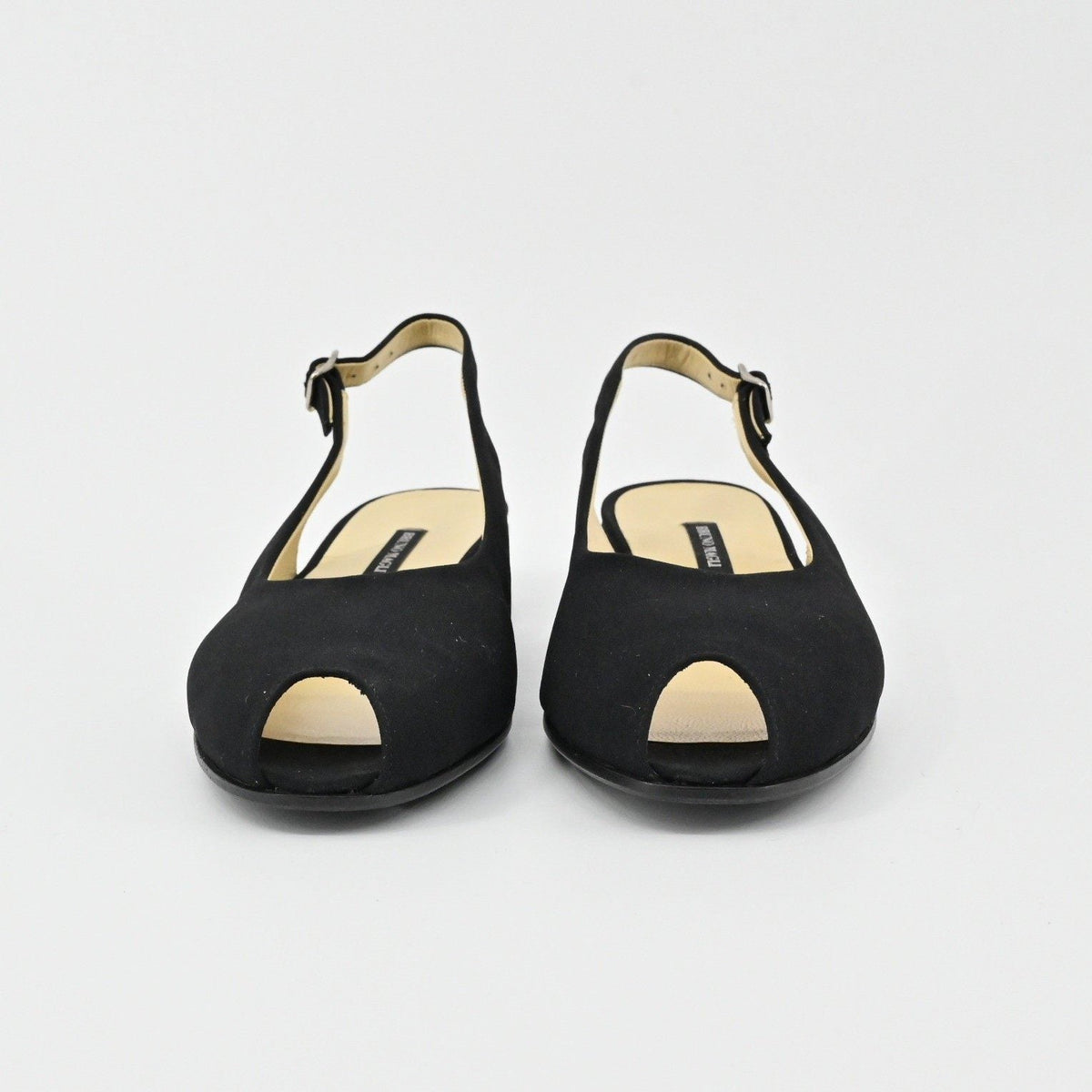 Lynn's Closet Boutique black leather Bruno Magli peep-toe slingback flats with a low heel and adjustable strap.