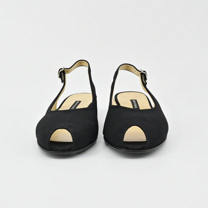 Lynn's Closet Boutique black leather Bruno Magli peep-toe slingback flats with a low heel and adjustable strap.