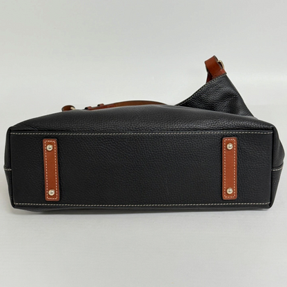 Lynn's Closet Boutique Dooney & Bourke black pebbled leather tote bag base with brown leather feet and gold hardware