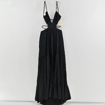 Lynn's Closet Boutique black Jonathan Simkhai floor-length gown with pleated texture, V-neck, and side cut-outs.