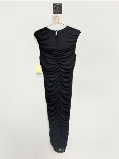 Lynn's Closet Boutique Bar III black sleeveless maxi dress with all-over ruched detailing on a gold hanger.