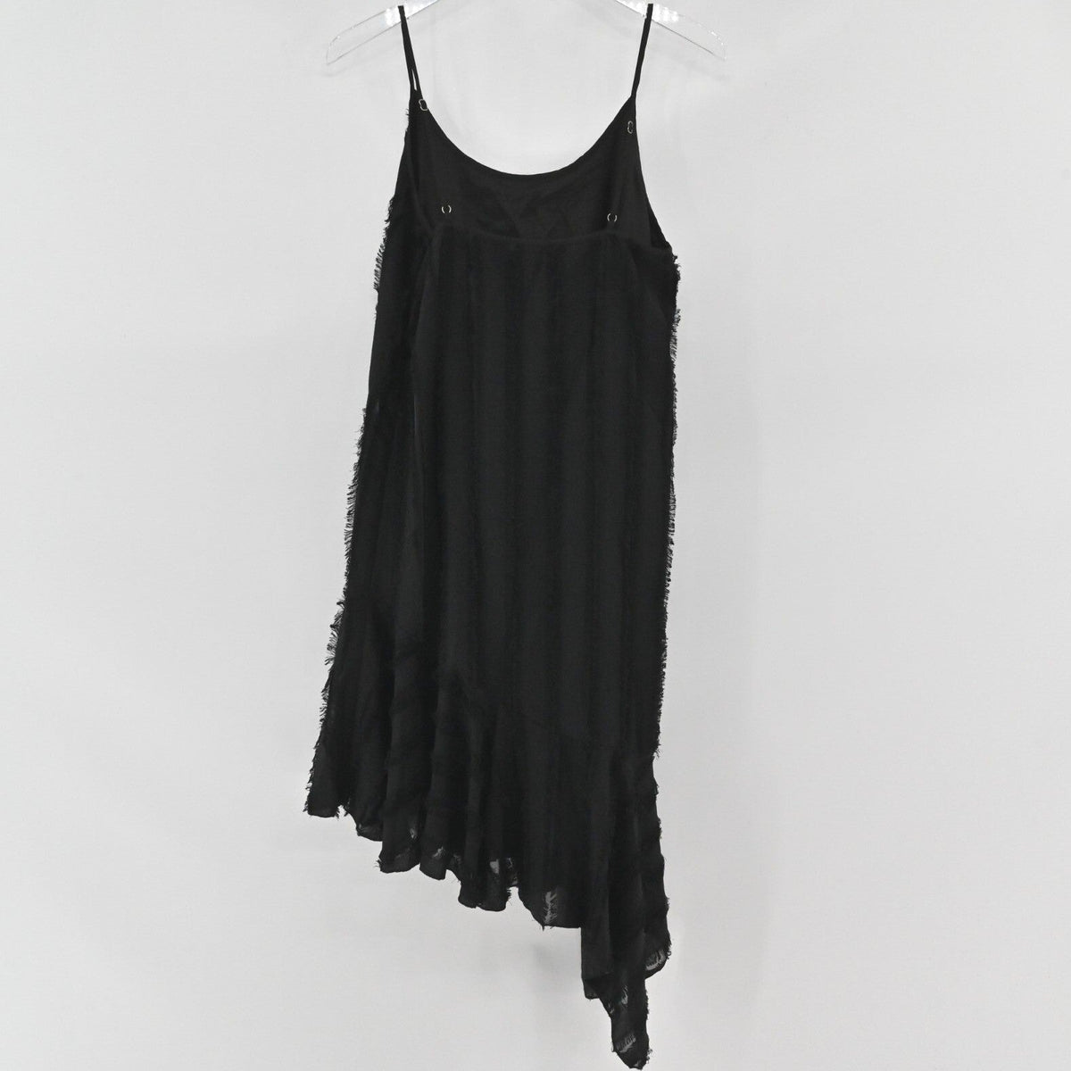 Lynn's Closet Boutique Anthropologie Eri + Ali black slip dress with spaghetti straps and asymmetrical ruffle hem