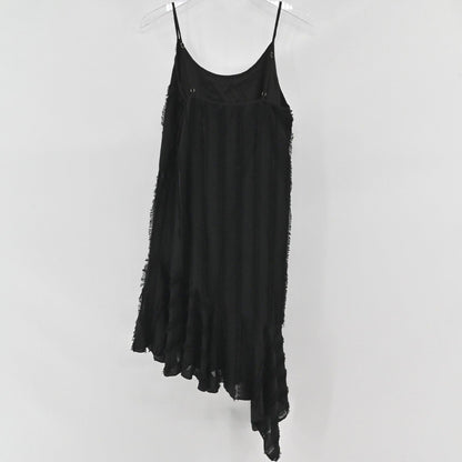 Lynn's Closet Boutique Anthropologie Eri + Ali black slip dress with spaghetti straps and asymmetrical ruffle hem