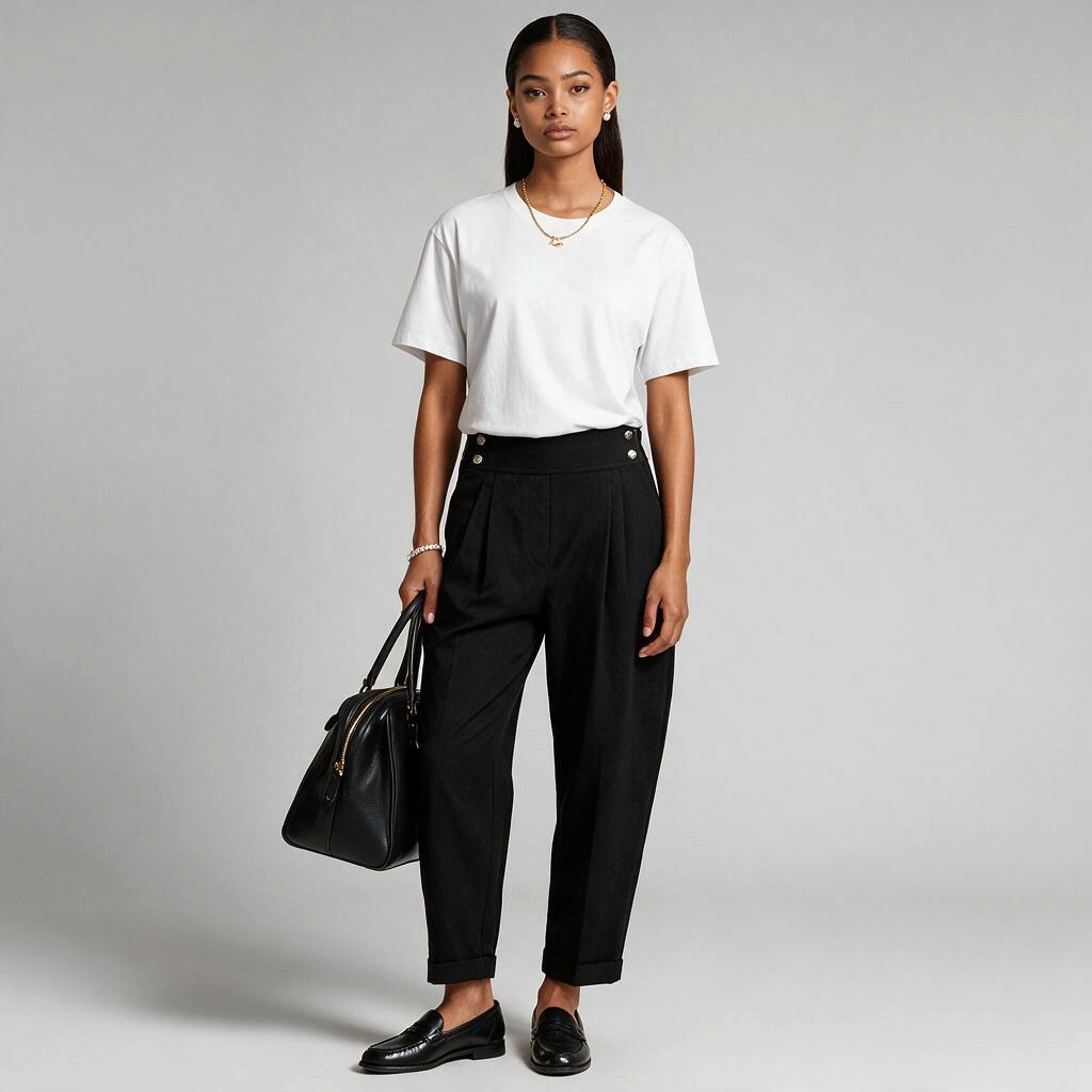 Model wearing Lynn's Closet Boutique Tanya Taylor black high-waisted sailor pants with button details and cuffed hems.