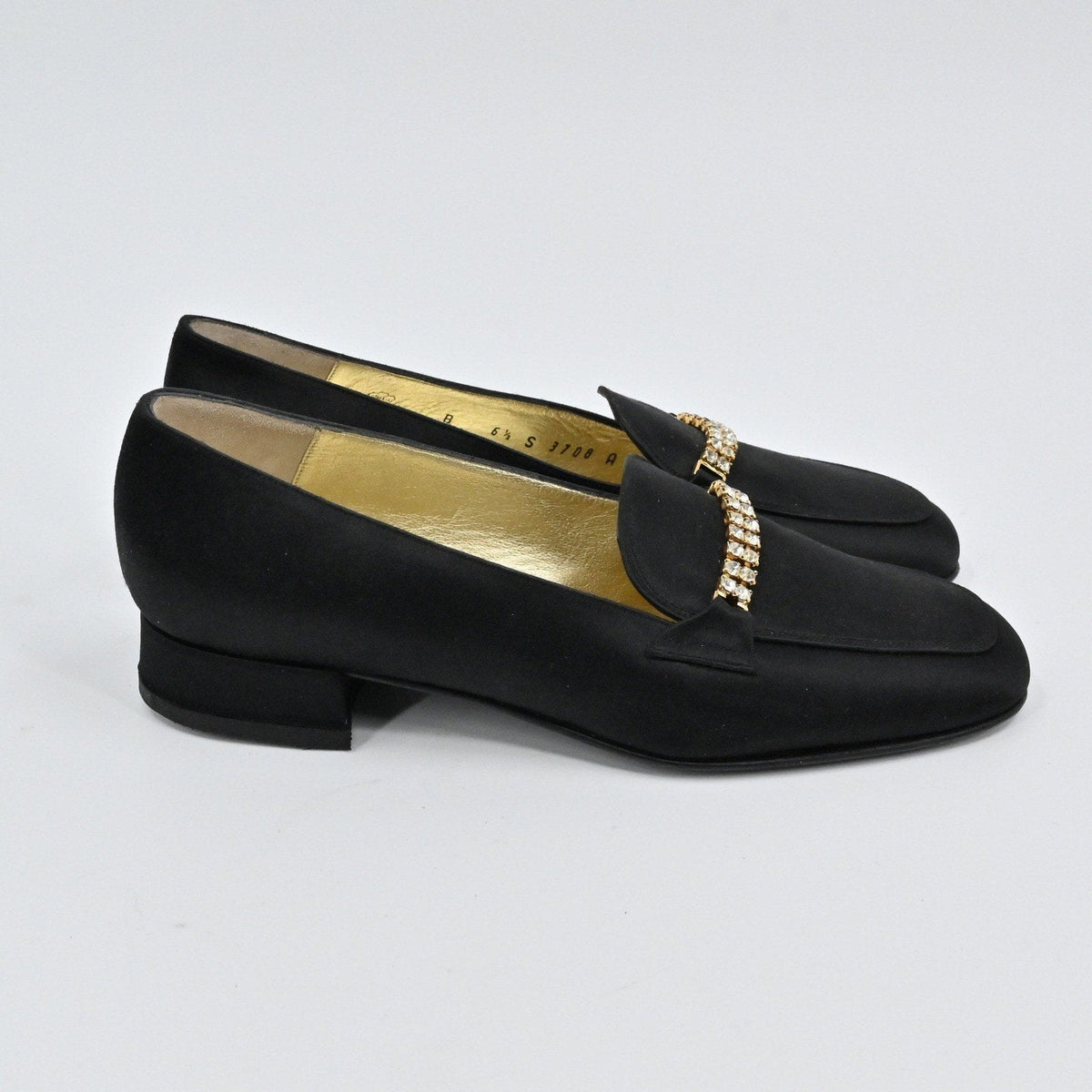 Lynn's Closet Boutique vintage Bruno Magli black satin loafers with rhinestone strap and low block heel