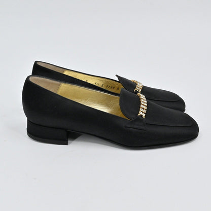 Lynn's Closet Boutique vintage Bruno Magli black satin loafers with rhinestone strap and low block heel
