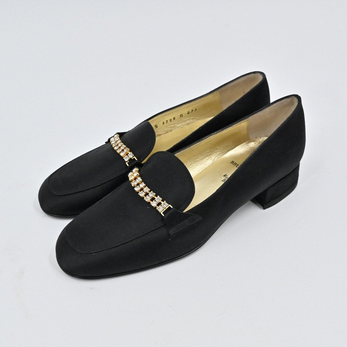 Lynn's Closet Boutique black satin Bruno Magli loafers with rhinestone embellished straps and low block heels.