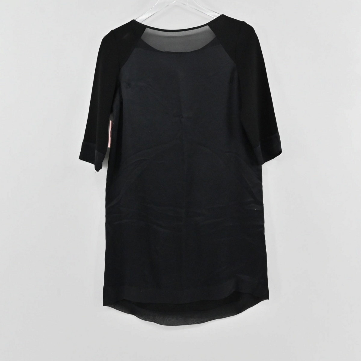 Lynn's Closet Boutique BCBGMaxAzria Runway black shift dress with sheer panels and elbow-length sleeves