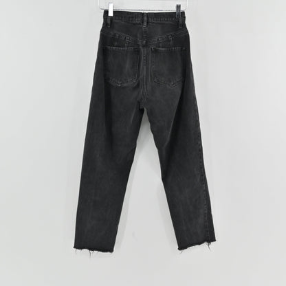 Lynn's Closet Boutique Free People black wash high-rise straight-leg jeans with back pockets and raw frayed hem