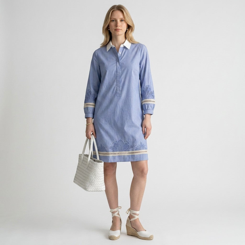 Lynn's Closet Boutique Carlisle NY blue chambray dress with white collar, embroidered sleeves, and lace trim details.