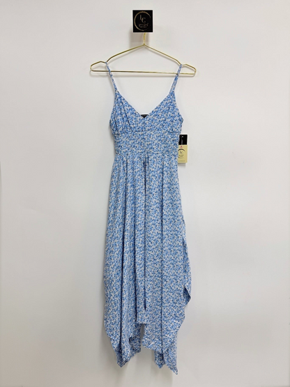 Lynn's Closet Boutique French Connection blue floral ditsy print midi dress with spaghetti straps and handkerchief hem