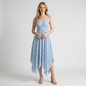 Model wearing a Lynn's Closet Boutique French Connection blue ditsy floral midi dress with spaghetti straps and handkerchief hem