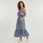 Lynn's Closet Boutique blue and white floral maxi dress with pink trim and tiered skirt. Size XS.