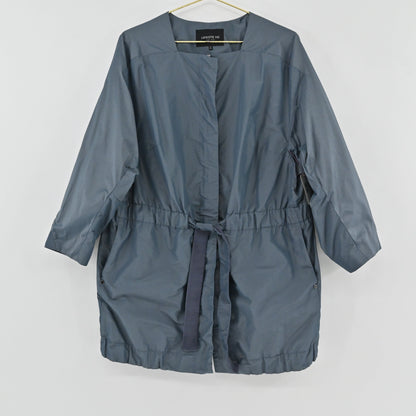 Lynn's Closet Boutique Lafayette 148 NY blue-gray metallic drawstring jacket with a collarless neckline.