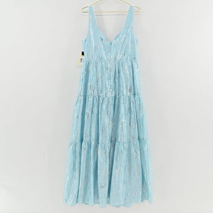 Lynn's Closet Boutique sky blue metallic tiered maxi dress with V-neckline and sleeveless bodice.