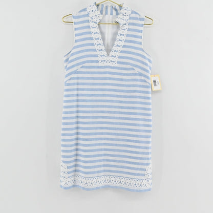 Lynn's Closet Boutique Eliza J sleeveless blue and white striped shift dress with white eyelet lace trim.