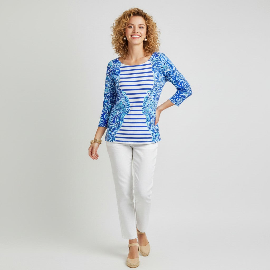 Lynn's Closet Boutique blue and white striped long sleeve top with paisley accents on sleeves and sides, size S.