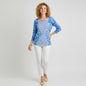 Lynn's Closet Boutique blue and white striped long sleeve top with paisley accents on sleeves and sides, size S.