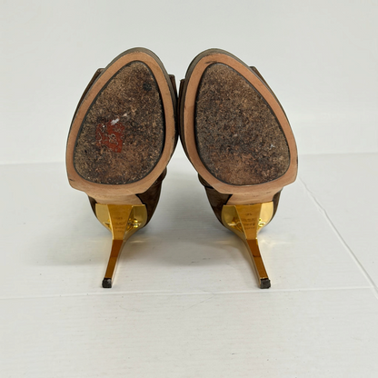 Lynn's Closet Boutique Herve Leger brown suede peep-toe boots showing worn soles and metallic gold stiletto heels