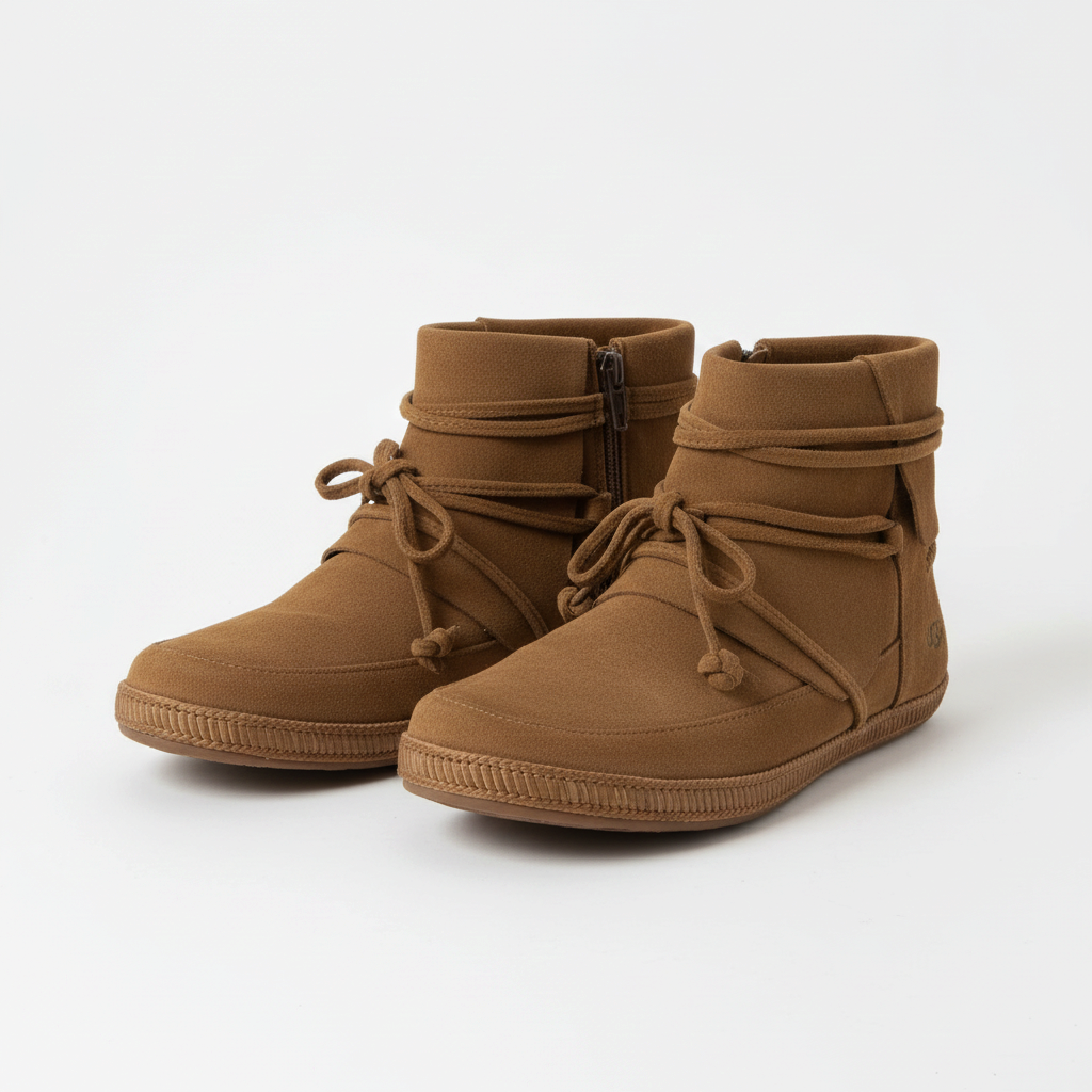 Lynn's Closet Boutique UGG brown suede ankle moccasin boots with wrap-around lace detail and side zipper