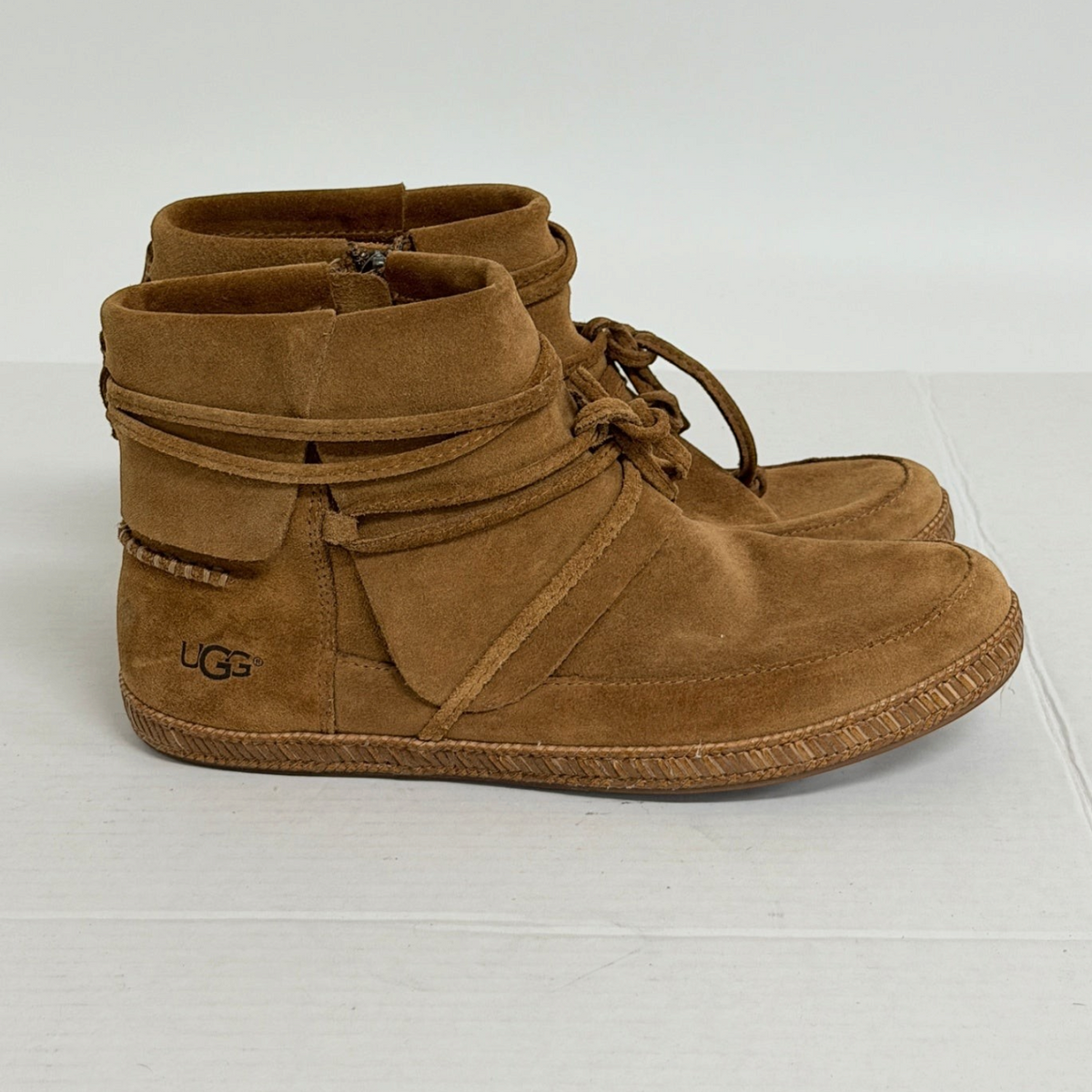 Lynn's Closet Boutique brown suede UGG moccasin ankle boots with wrap-around lace detail and side zipper