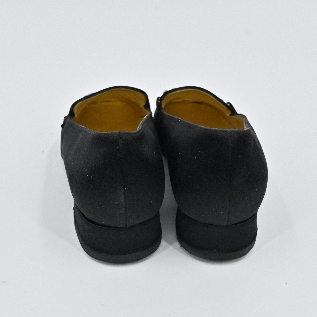 Lynn's Closet Boutique Bruno Magli black satin loafers with low block heels, back view showing smooth finish.