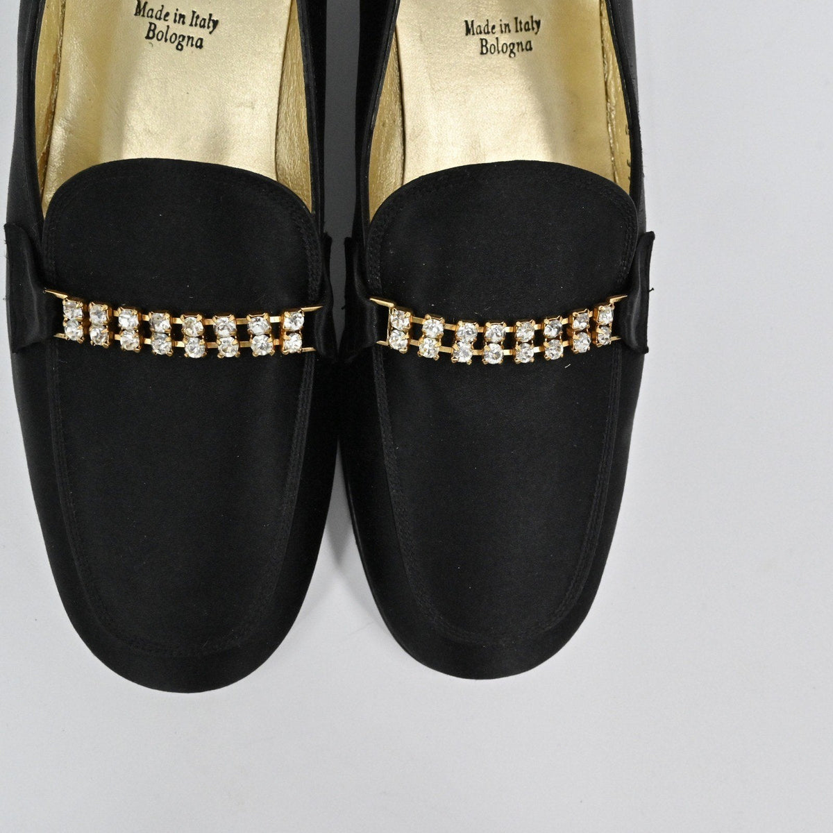 Lynn's Closet Boutique Bruno Magli black satin loafers with rhinestone embellished straps and gold Italian insoles.