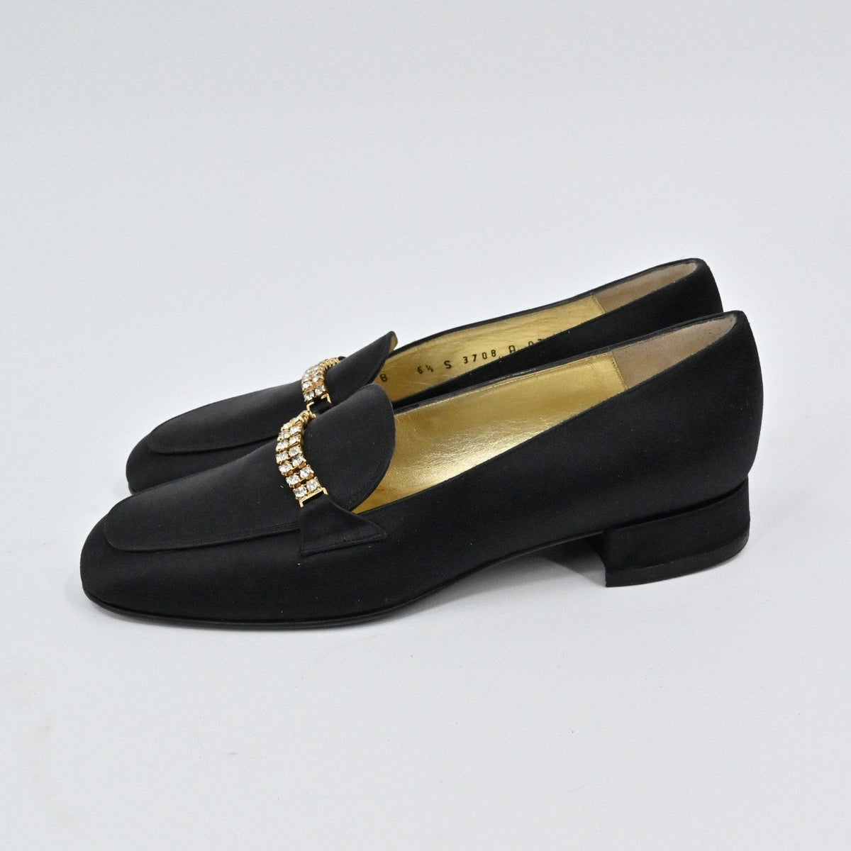 Lynn's Closet Boutique vintage Bruno Magli black satin loafers with rhinestone strap and low block heel