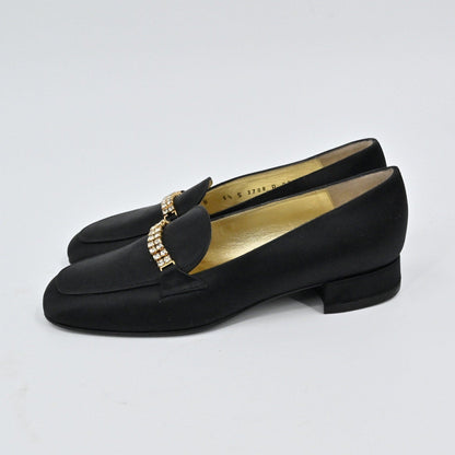 Lynn's Closet Boutique vintage Bruno Magli black satin loafers with rhinestone strap and low block heel