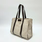 Lynn's Closet Boutique Bvlgari Logomania beige canvas tote bag with brown leather handles and logo print pattern.