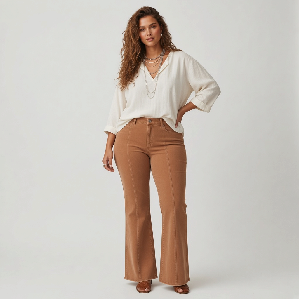 Model wearing Lynn's Closet Boutique Free People camel corduroy flared pants with vertical seams and a white blouse.