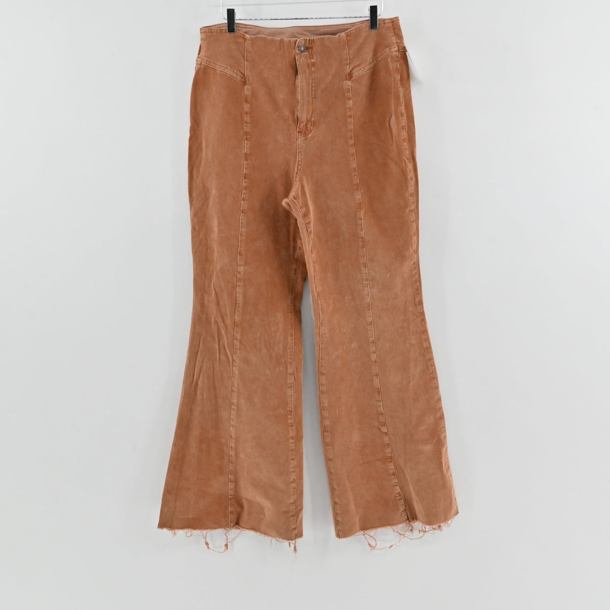 Lynn's Closet Boutique Free People camel corduroy flared pants with high-rise waist and raw frayed hem