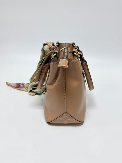 Lynn's Closet Boutique Patricia Nash Angela satchel in camel leather, side view showing structured base and floral scarf