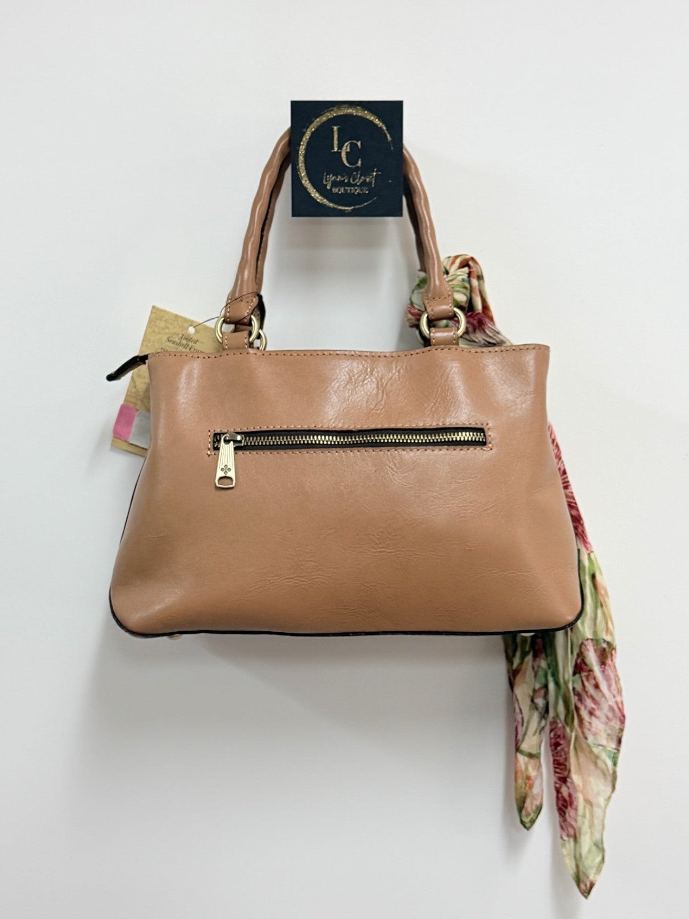 Lynn's Closet Boutique Patricia Nash Angela satchel in camel leather with a rear zipper pocket and floral scarf