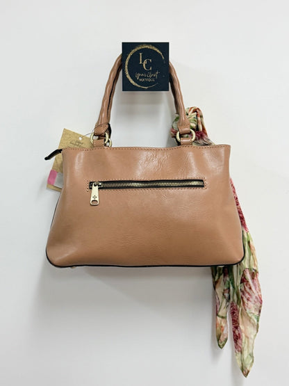 Lynn's Closet Boutique Patricia Nash Angela satchel in camel leather with a rear zipper pocket and floral scarf