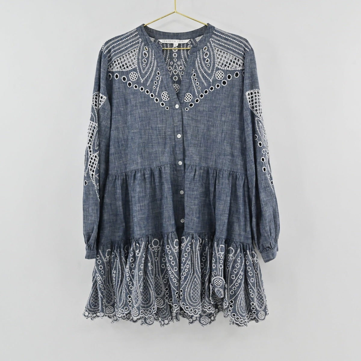 Lynn's Closet Boutique Veronica Beard blue chambray dress with white eyelet embroidery, tiered skirt, and button front.
